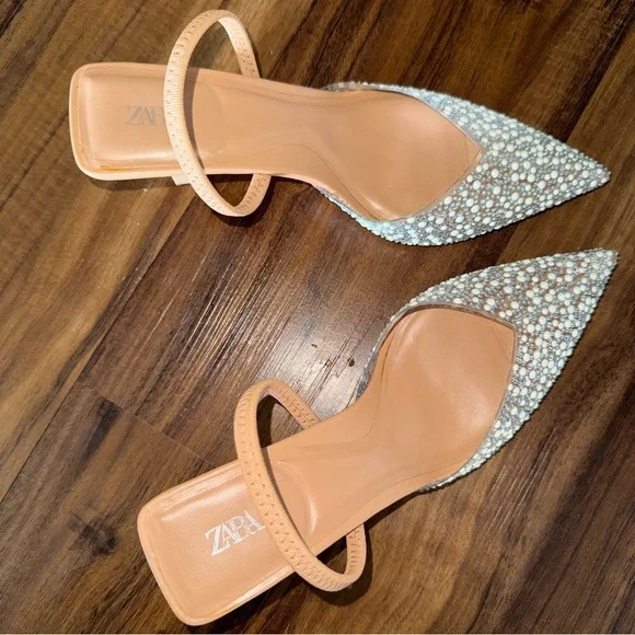 Zara Women's Beige and White Embellished Heels - Picture 2 of 6